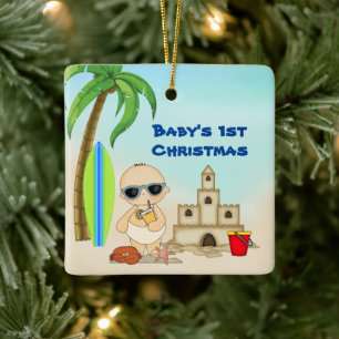 Ornamento De Cerâmica Personalized Baby's 1st Christmas Boy's Beach