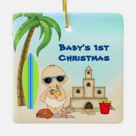 Ornamento De Cerâmica Personalized Baby's 1st Christmas Boy's Beach
