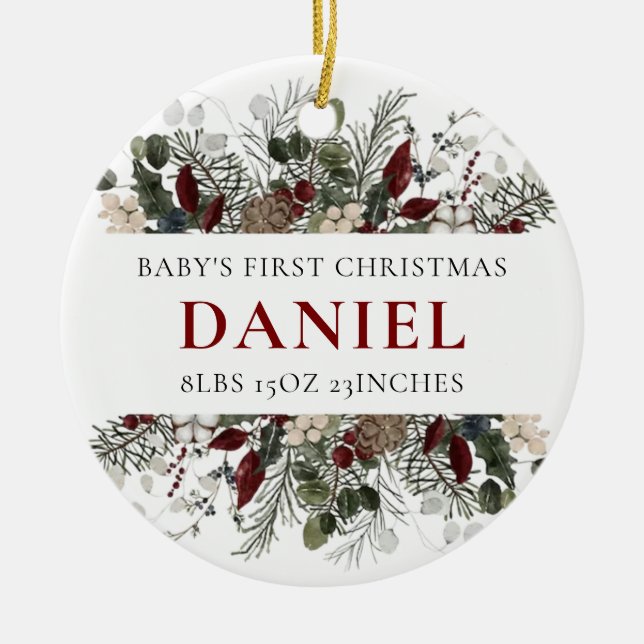 Ornamento De Cerâmica Personalized Baby's 1st Christmas Winter Floral  (Frente)
