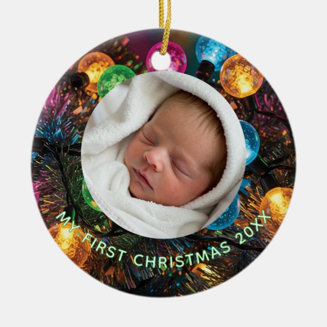 Ornamento De Cerâmica Personalized Baby's First Christmas with Photo (Frente)