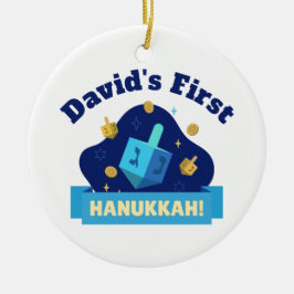 Ornamento De Cerâmica Personalized “Baby's First Hanukkah” with Dreidel