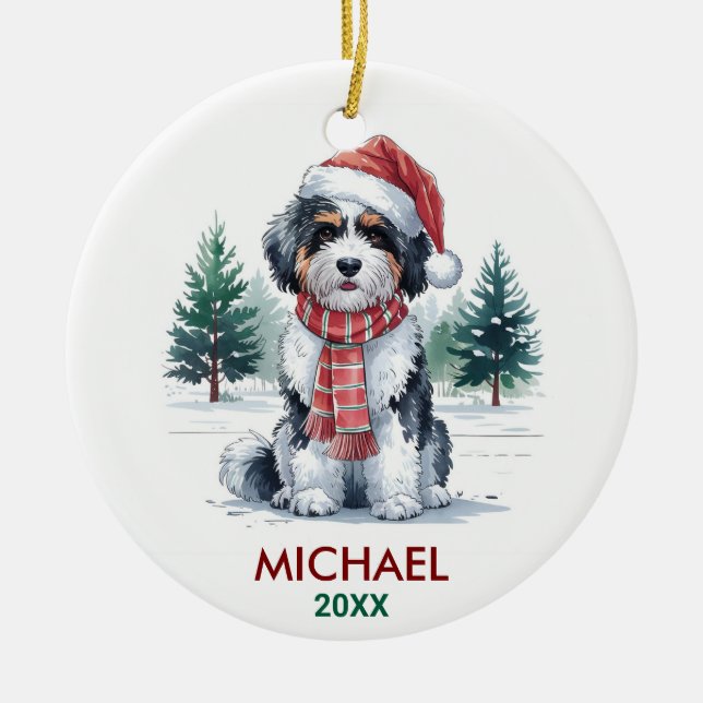 Ornamento De Cerâmica Personalized Bernedoodle Dog Christmas (Frente)