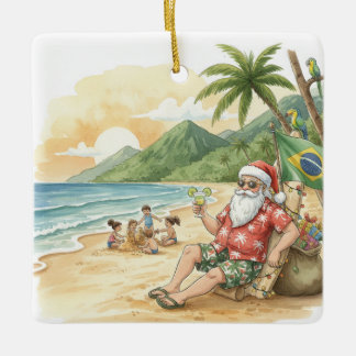 Ornamento De Cerâmica Personalized Brazilian Santa on Beach Christmas