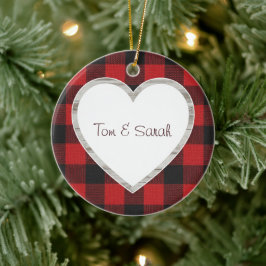 Ornamento De Cerâmica Personalized Buffalo Plaid Heart Rustic