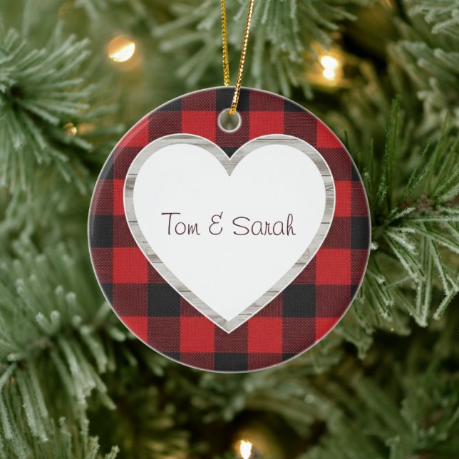 Ornamento De Cerâmica Personalized Buffalo Plaid Heart Rustic  (Árvore)