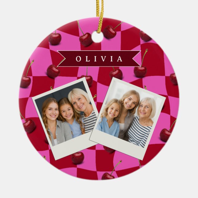 Ornamento De Cerâmica Personalized Cherry Gingham Retro Custom Name (Frente)