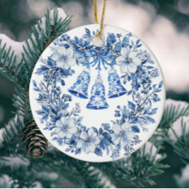 Ornamento De Cerâmica Personalized Chinoiserie Blue White Wreath Bells