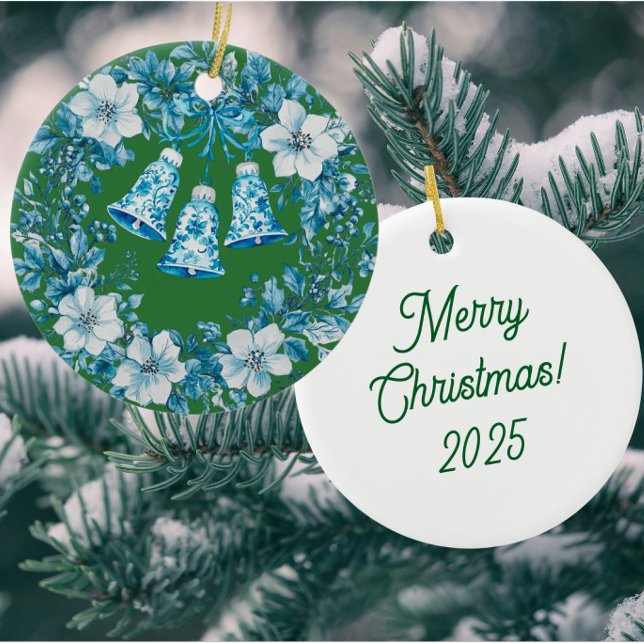 Ornamento De Cerâmica Personalized Chinoiserie Blue White Wreath Bells (Personalize the back!)