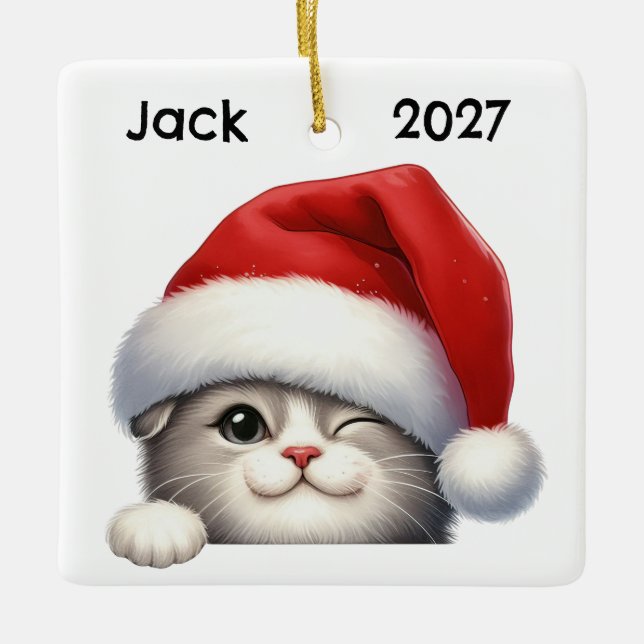 Ornamento De Cerâmica Personalized Cute Christmas Scottish Fold Cat  (Frente)