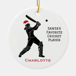 Ornamento De Cerâmica Personalized Cute Female Playing Cricket Santa Hat