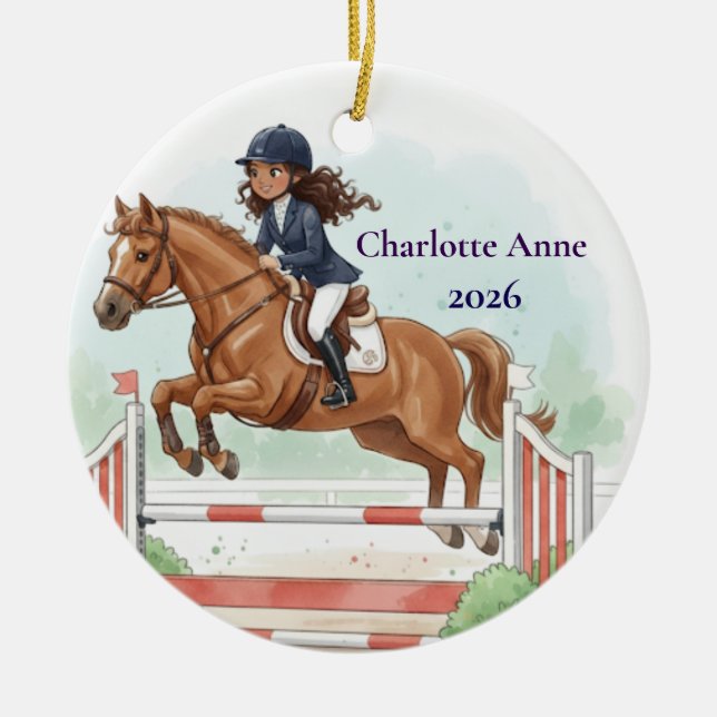 Ornamento De Cerâmica Personalized Cute Girls Horse Show Jumping (Frente)