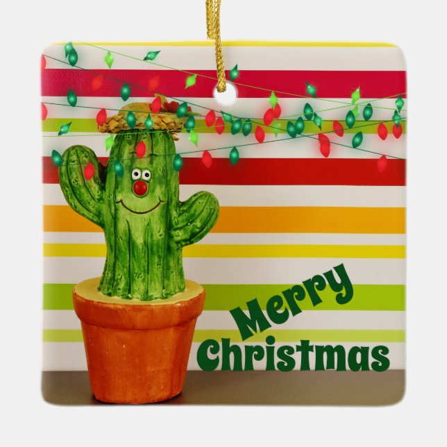 Ornamento De Cerâmica Personalized Cute Holiday Cactus Merry Christmas (Frente)