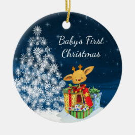 Ornamento De Cerâmica Personalized Cute Reindeer Baby's First Christmas