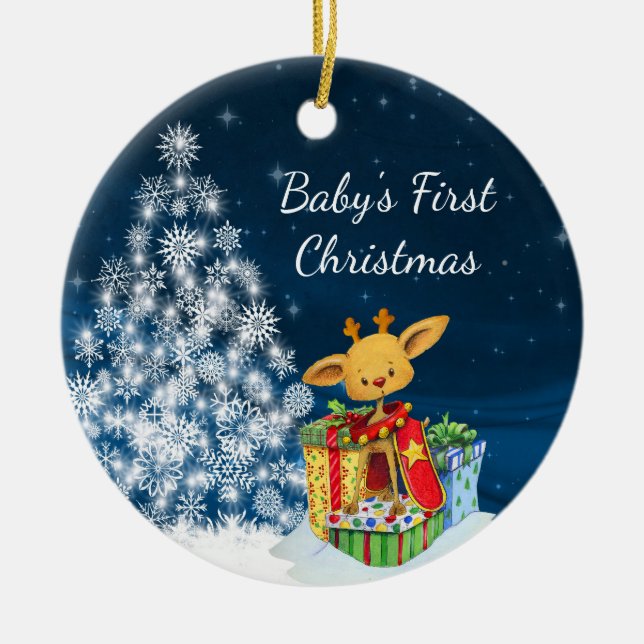 Ornamento De Cerâmica Personalized Cute Reindeer Baby's First Christmas (Frente)