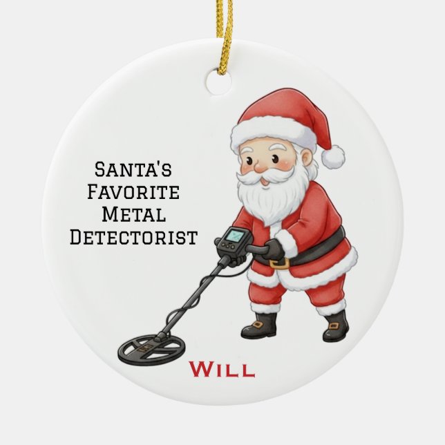 Ornamento De Cerâmica Personalized Cute Santa Doing Metal Detecting (Frente)