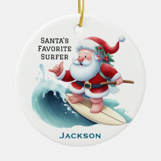 Ornamento De Cerâmica Personalized Cute Santa's Favorite Surfer