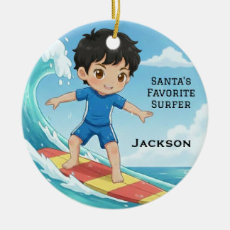 Ornamento De Cerâmica Personalized Cute Santa's Favorite Surfer