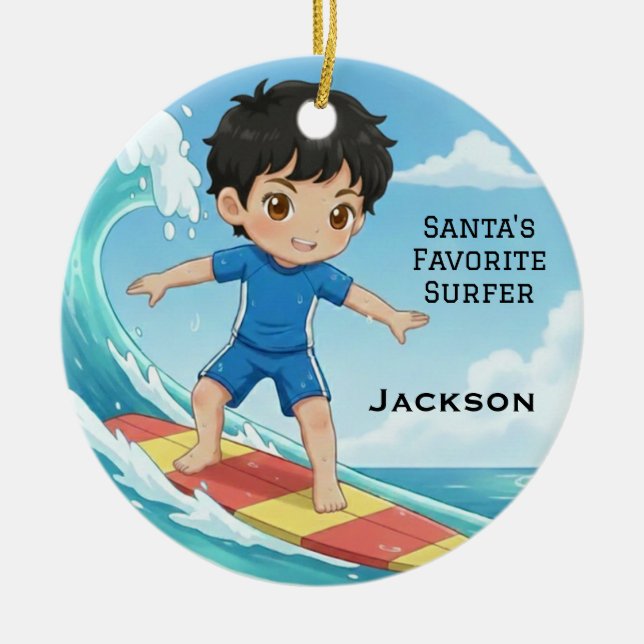 Ornamento De Cerâmica Personalized Cute Santa's Favorite Surfer (Frente)