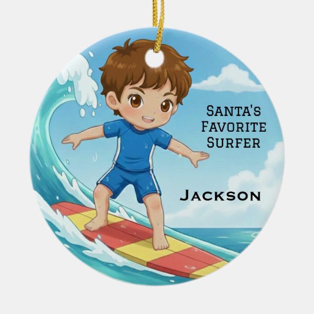 Ornamento De Cerâmica Personalized Cute Santa's Favorite Surfer (Frente)