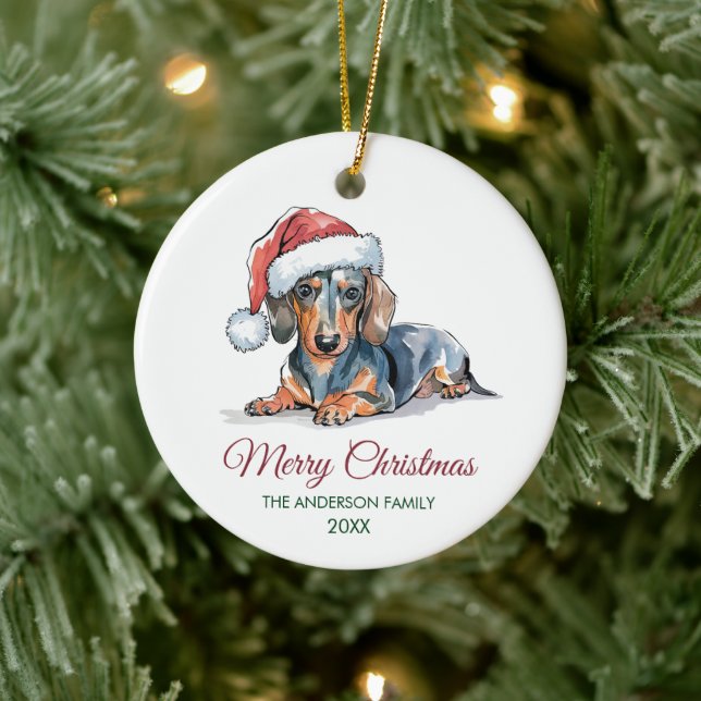 Ornamento De Cerâmica Personalized Dachshund in Santa Hat Christmas      (Árvore)