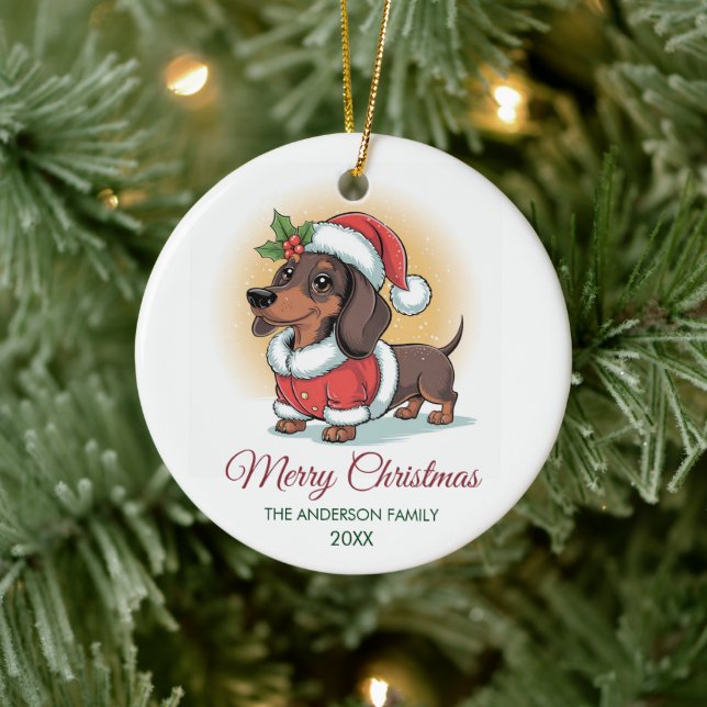 Ornamento De Cerâmica Personalized Dachshund in Santa Hat Christmas      (Árvore)