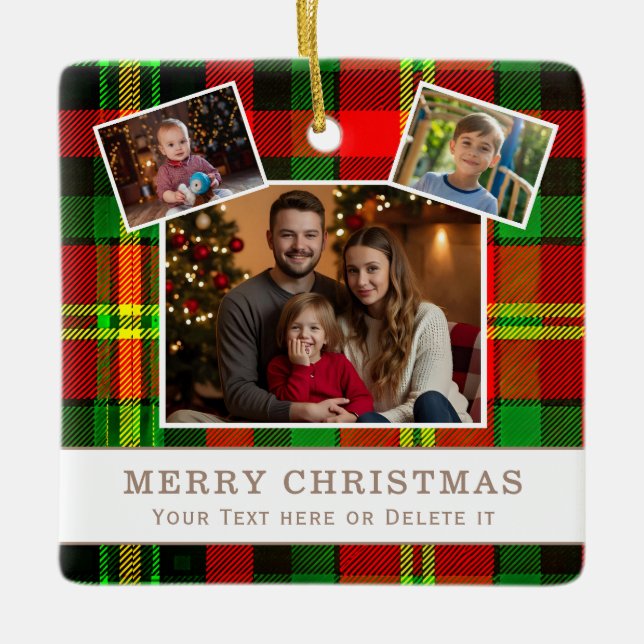 Ornamento De Cerâmica Personalized Family 3 Photo Green Plaid Christmas  (Frente)