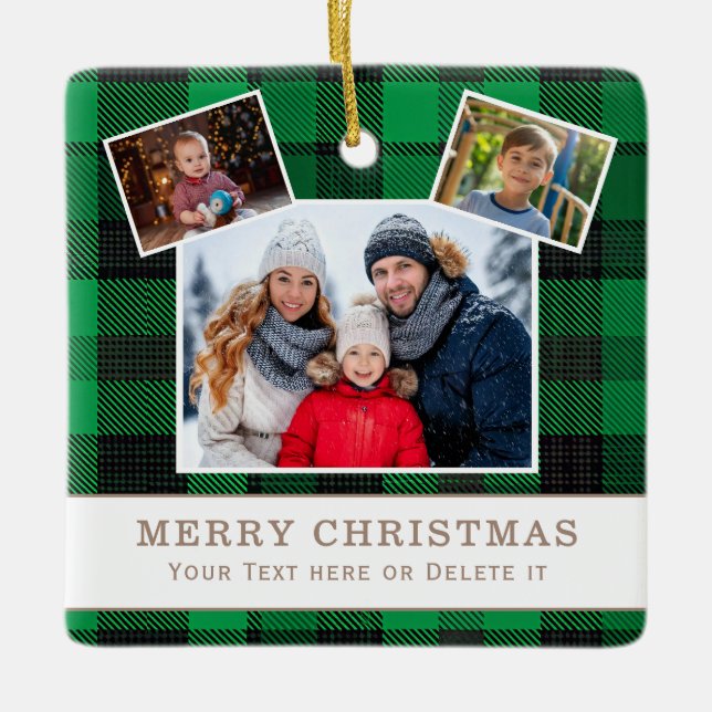 Ornamento De Cerâmica Personalized Family 3 Photo Green Plaid Christmas  (Frente)