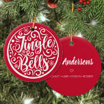 Ornamento De Cerâmica Personalized Family Name Jingle Bells Christmas<br><div class="desc">Easily personalize this beautiful hand lettering "Jingle bells" design Christmas ornament with your custom family name on the back.</div>