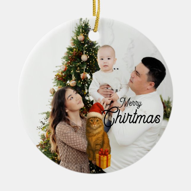 Ornamento De Cerâmica Personalized Family Photo Ornament with Cat (Frente)