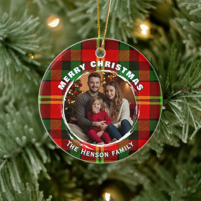 Ornamento De Cerâmica Personalized Family Photo Plaid Pattern Christmas  (Árvore)