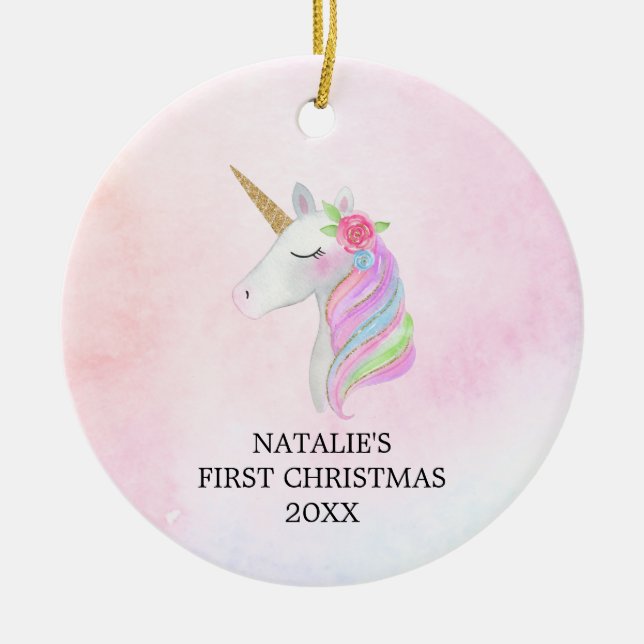 Ornamento De Cerâmica Personalized First Christmas Baby Girl Unicorn (Frente)
