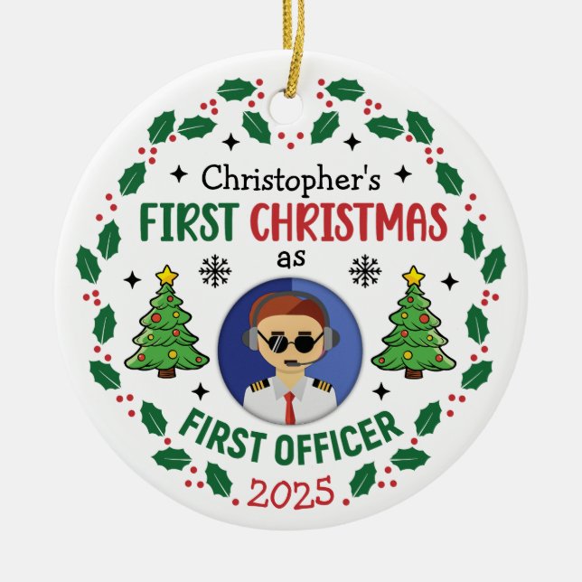 Ornamento De Cerâmica Personalized First Officer Custom Name Christmas (Frente)