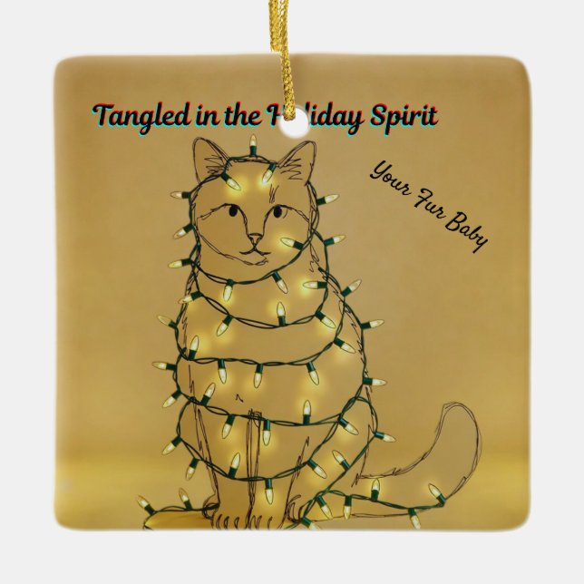 Ornamento De Cerâmica Personalized Funny Cat Tangled in Lights (Frente)