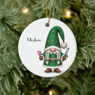 Ornamento De Cerâmica Personalized Gnome Xmas for Hairdresser