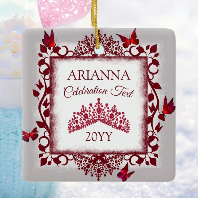 Ornamento De Cerâmica Personalized Gray, Burgundy Red Tiara, Butterfly (personalized tree ornament with red butterflies and tiara, congratulations, commemorative gift)
