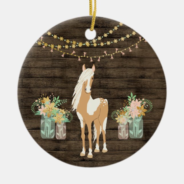 Ornamento De Cerâmica Personalized Horse and Flowers Rustic Christmas (Frente)