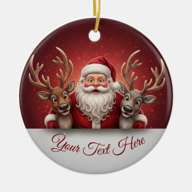 Ornamento De Cerâmica Personalized Jolly Santa Claus & Reindeer Trio  (Frente)