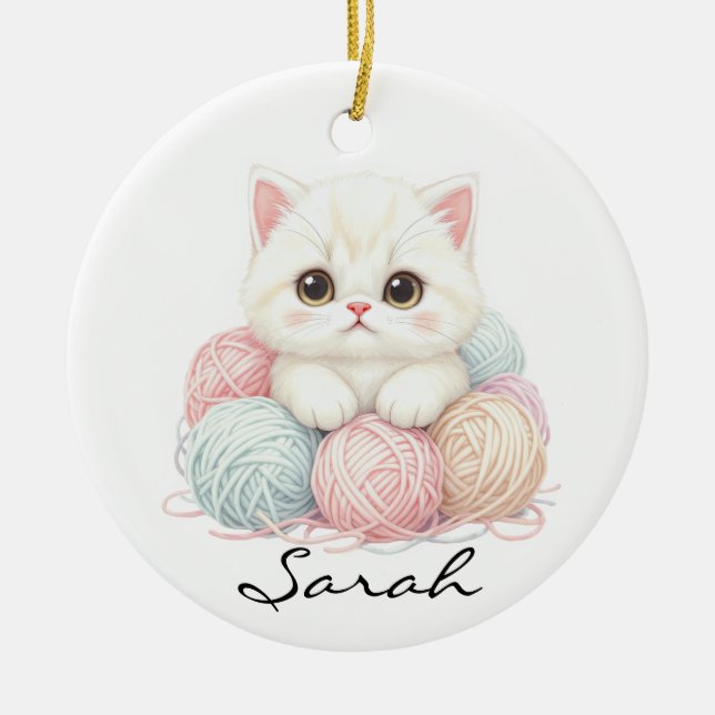 Ornamento De Cerâmica Personalized Knitting Kitten Ornament (Frente)