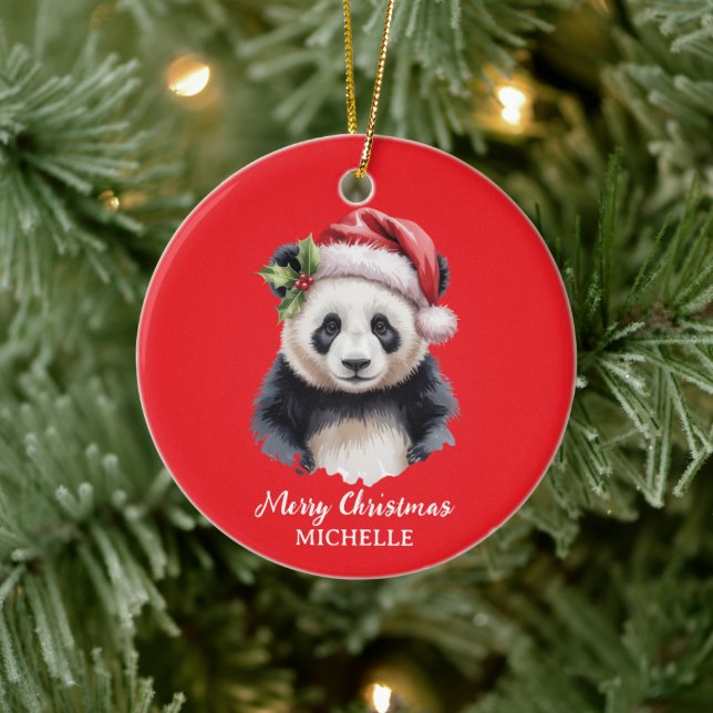 Ornamento De Cerâmica Personalized Merry Christmas Cute Panda Bear (Árvore)