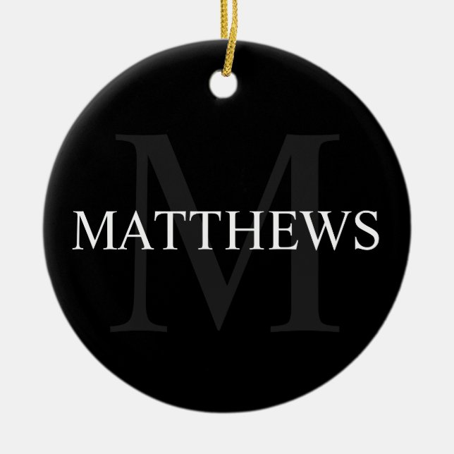 Ornamento De Cerâmica Personalized Monogram and Name Black (Frente)
