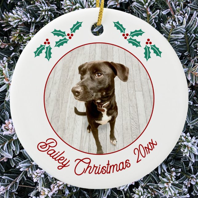Ornamento De Cerâmica Personalized Pet Puppy Dog Christmas Photo (Personalized custom name year puppy dog photo Christmas ceramic ornament for animal lovers)