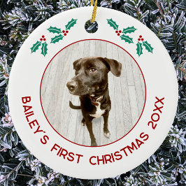 Ornamento De Cerâmica Personalized Pet Puppy Dog First Christmas Photo