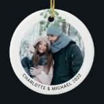 Ornamento De Cerâmica Personalized Photo Keepsake Mistletoe<br><div class="desc">This romantic Christmas Ornament is decorated with watercolor mistletoe.
Easily customizable with your photo,  names and year.
Use the Design Tool to change the text size,  style,  or color.
Because we create our artwork you won't find this exact image from other designers.
Original Watercolor © Michele Davies.</div>