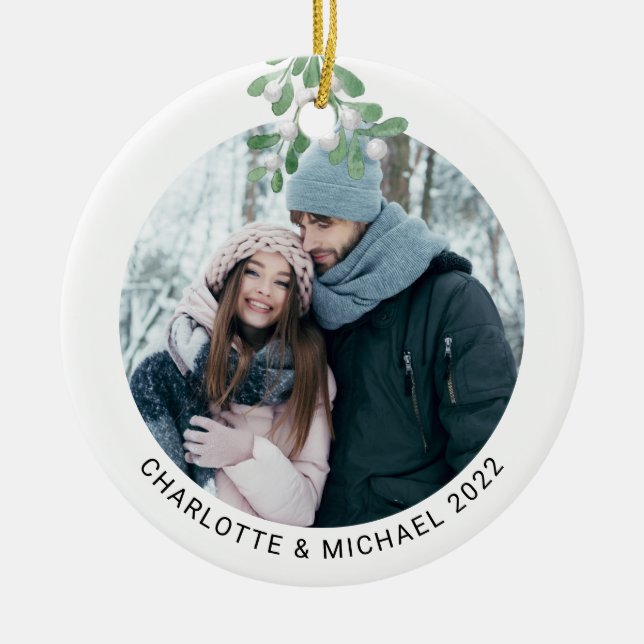 Ornamento De Cerâmica Personalized Photo Keepsake Mistletoe  (Frente)