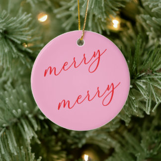 Ornamento De Cerâmica Personalized Photo Red & Pink Script Christmas