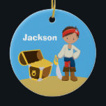 Ornamento De Cerâmica Personalized Pirate Kids Blue Boys Name Christmas<br><div class="desc">Cute pirate kid wearing a red bandana carrying a sword next to a treasure chest filled with gold on a beach with blue sky background. Customize this unique little boy's Christmas ornament with your child's name in white. Ahoy,  matey!</div>