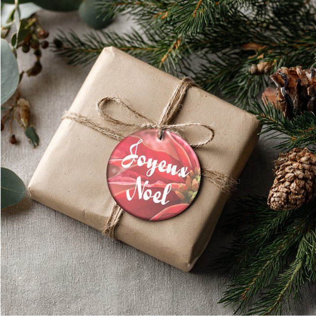 Ornamento De Cerâmica Personalized Poinsettia Joyeux Noel (Artistic Dual-Use! This personalized harlequin ornament doubles as a luxury gift tag.)