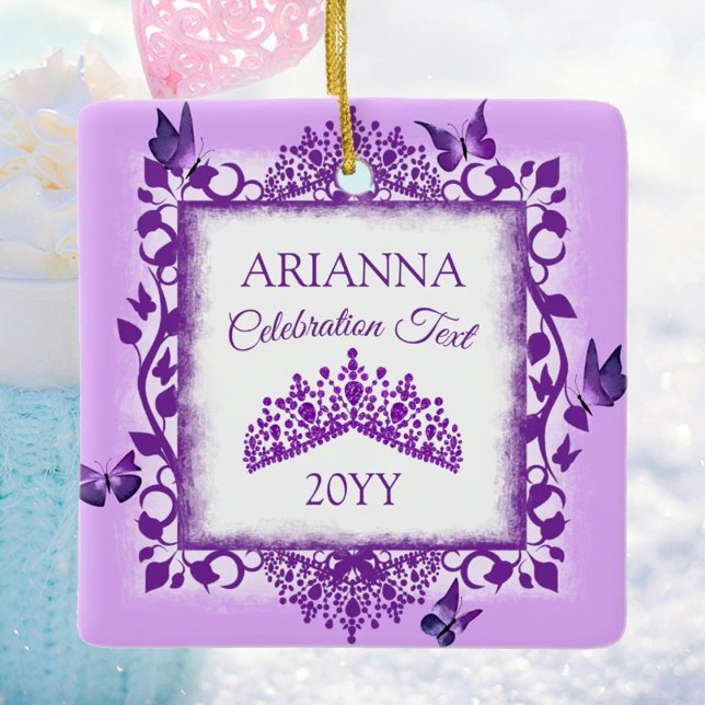 Ornamento De Cerâmica Personalized Purple Tiara & Butterflies Keepsake (personalized tree ornament with purple butterflies and tiara, congratulations, commemorative gift)