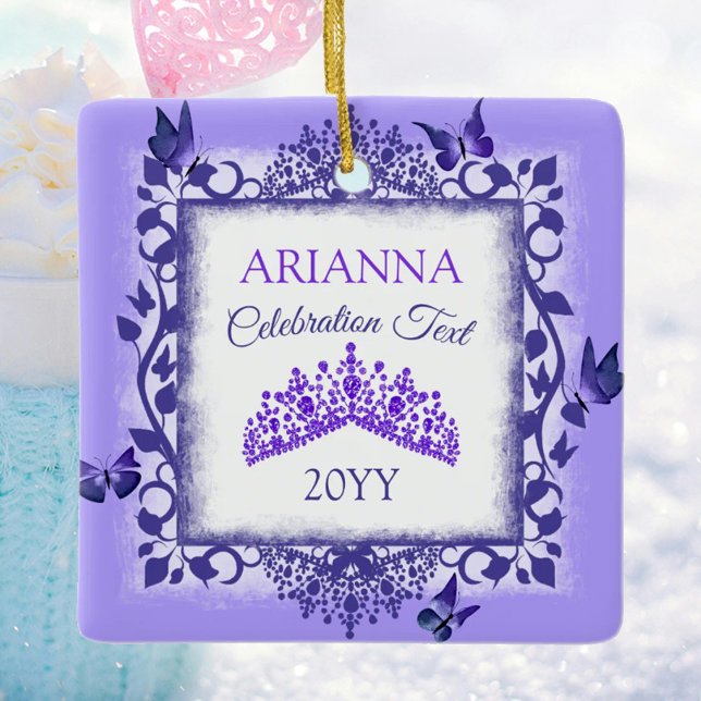 Ornamento De Cerâmica Personalized Royal Purple Tiara & Butterflies (personalized tree ornament with purple butterflies and tiara, congratulations, commemorative gift)