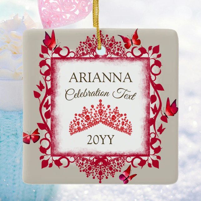 Ornamento De Cerâmica Personalized Ruby Red Tiara & Butterflies (red butterflies & rhinestone tiara tree ornament, congratulations)